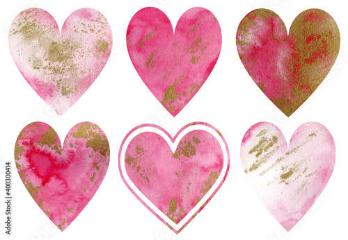 Watercolor pink hearts with golden spots. Valentine's Day beautiful decoration.