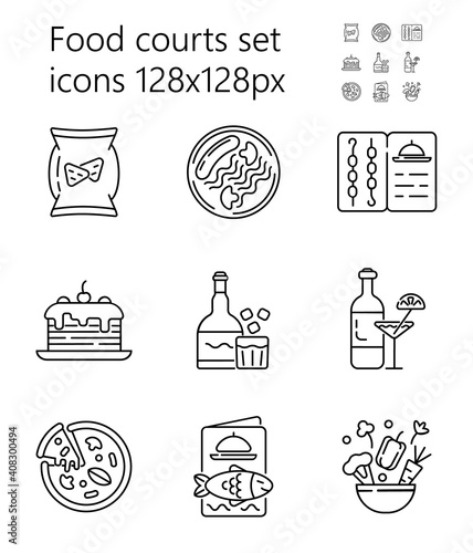Food court icon set vector. Pizza, alcohol, drinks are shown. Grill, fish, seafood menu. Snacks, salad, torts are presented in outline