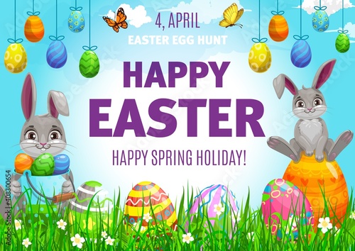 Easter egg hunting vector poster, cute bunnies and decorated eggs on field with flowers and butterflies. Cartoon flyer with rabbits and spring blossoms. Happy Easter holiday party event invitation