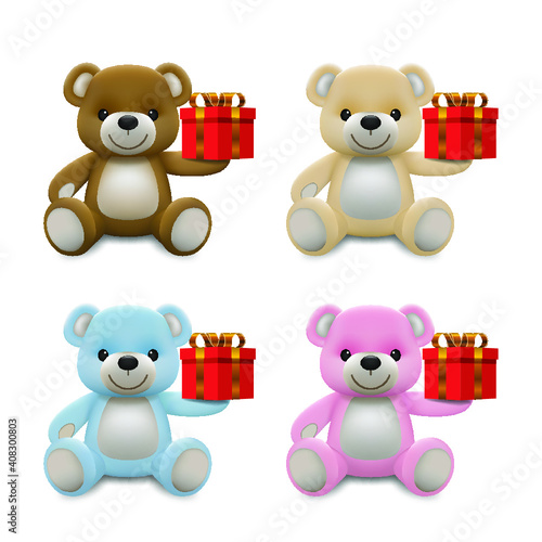 Realistic little cute baby bear doll character smiling and holding a red present gift for love. An animal bear cartoon relaxing gesture. Vector illustration design. © Nattapong