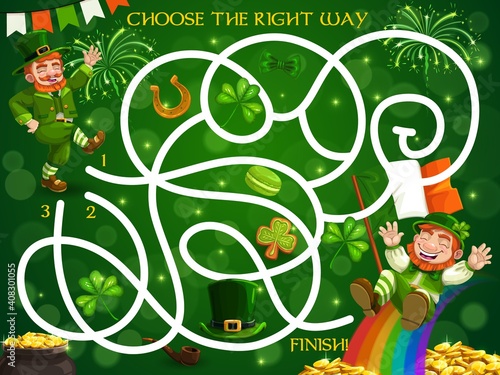 Kids maze game with st Patricks day leprechauns, gold and rainbow. Vector labyrinth puzzle choose right way board game. Task with tangled path, clover or top hat. Educational children preschool riddle