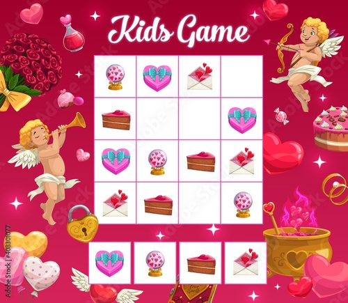 Kids game vector riddle with Valentine holiday cartoon cupid characters, hearts, letter, souvenir, sweets, pie on chequered board. Educational children boardgame task, crossword teaser for sparetime