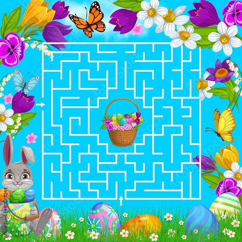 Kids maze game help Easter bunny choose right way to get eggs basket in square labyrinth center. Vector puzzle find correct path board game. Task with cute rabbit, education children riddle worksheet