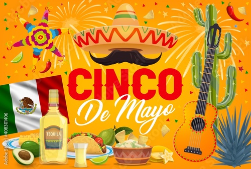 Mexican Cinco de Mayo holiday fiesta party. Vector sombrero hat, mariachi guitar and mustache, cactuses, red chilli peppers, pinata and tequila, Mexico flag, taco and nachos, agave and fireworks