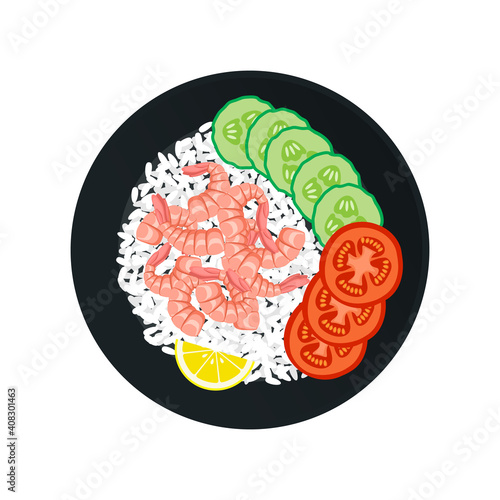 rice with shrimps fresh tomatoes cucumber slices lemon   on plate isolated on white background top view
