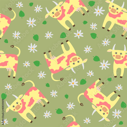 Cute cartoon cow with flowers and leaves. Seamless pattern © Yaryna