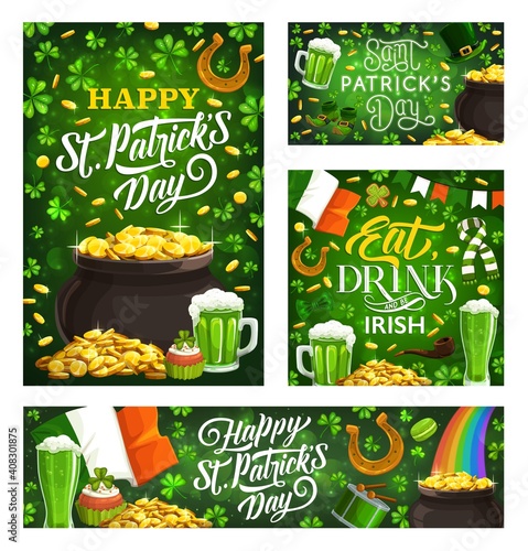 Happy St Patricks Day vector green symbols of Irish religion holiday. Vector lettering and leprechauns scarf and hat, smoking pipe. Flag of Ireland, pot of gold and rainbow, golden harp and beer mug