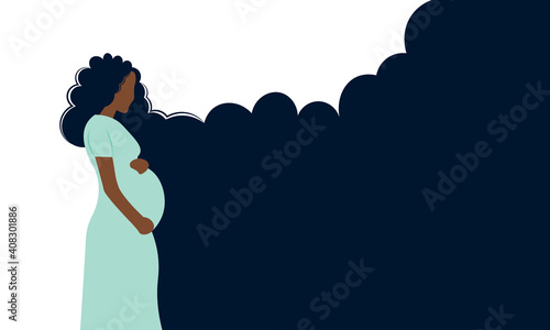 Banner about pregnancy and motherhood. Beautiful young pregnant black woman with curly hair.
