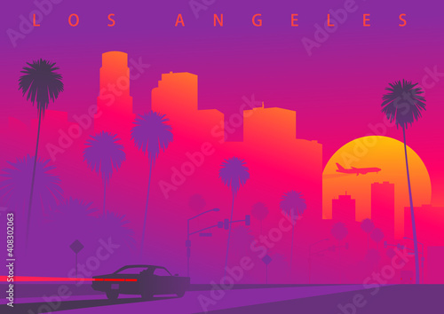 Photographie Cityscape of Los Angeles during the sunset with the huge sun