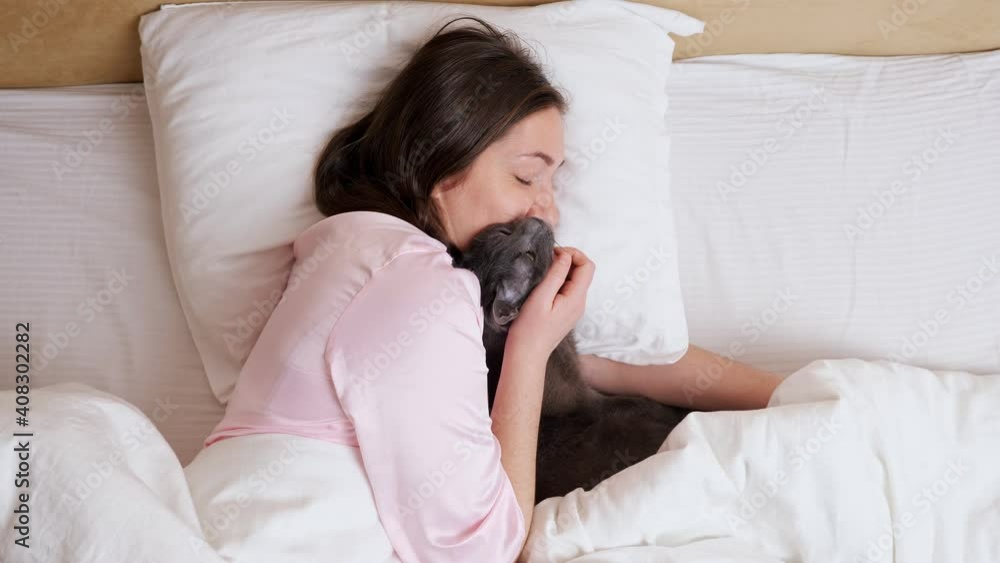 Calm relaxed long dark haired woman in pale pink pajama lies in queen size bed near grey cat side top view Calm relaxed long dark haired woman in pale pink pajama lies in queen size bed near grey cat side top view
