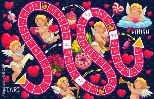 Kids board game vector template, Valentines day step boardgame with block path, numbers, start, finish and cartoon Cupid characters and hearts educational children riddle, family or preschool activity