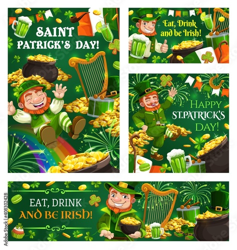 Leprechaun tricks and pranks on St. Patricks Day and Irish religion holiday symbols. Vector flag of Ireland, dwarf playing harp, bearded man having fun. Fireworks, mugs of beer and lucky horseshoe