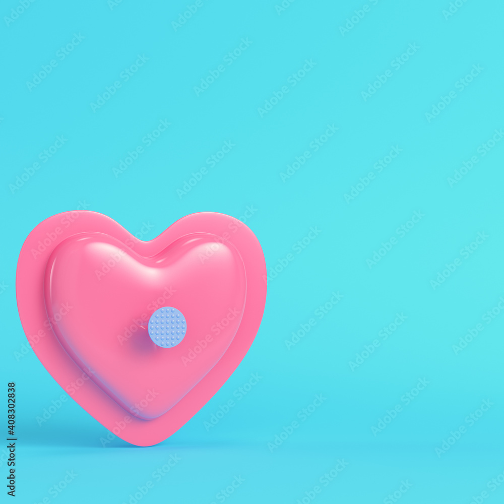 Pink abstract heart shape pinned by nail on bright blue background in pastel colors