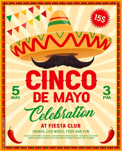 Cinco de Mayo sombrero vector flyer of Mexican fiesta party. Mariachi musician sombrero hat and mustache with red chilli peppers or jalapeno in frame of ethnic ornaments and festive flags garland