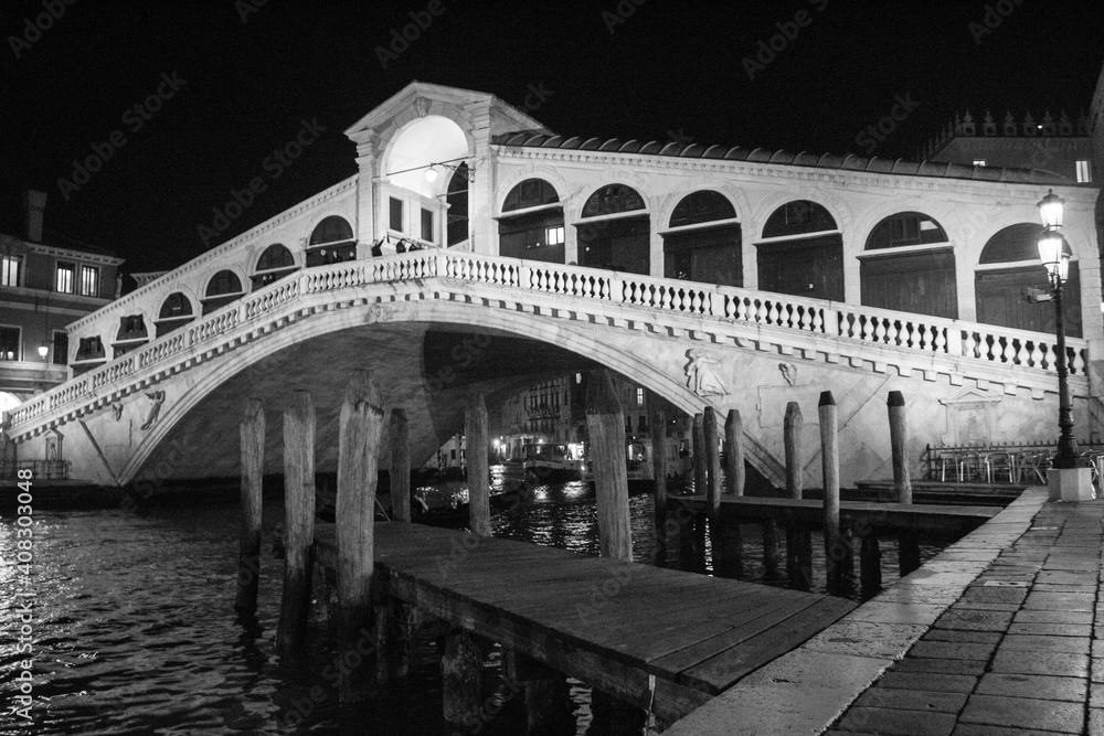 Venice, Italy, January 28, 2020 evocative black and white image of the Rialto Bridge, one of the most 
famous symbols of the city