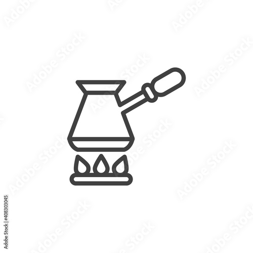 Coffee cezve on gas stove line icon. linear style sign for mobile concept and web design. Turkish coffee brewing outline vector icon. Symbol, logo illustration. Vector graphics © alekseyvanin