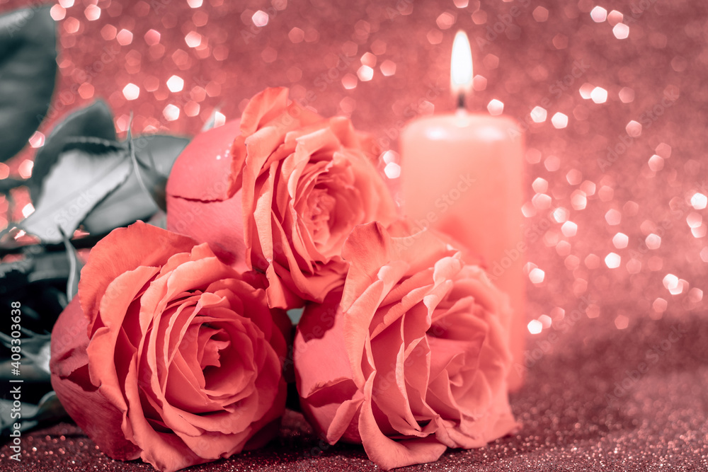 Valentine's day romantic card. Bouquet of roses and a candle on pink background. Valentine's day romantic card. Bouquet of roses and a candle on pink background.