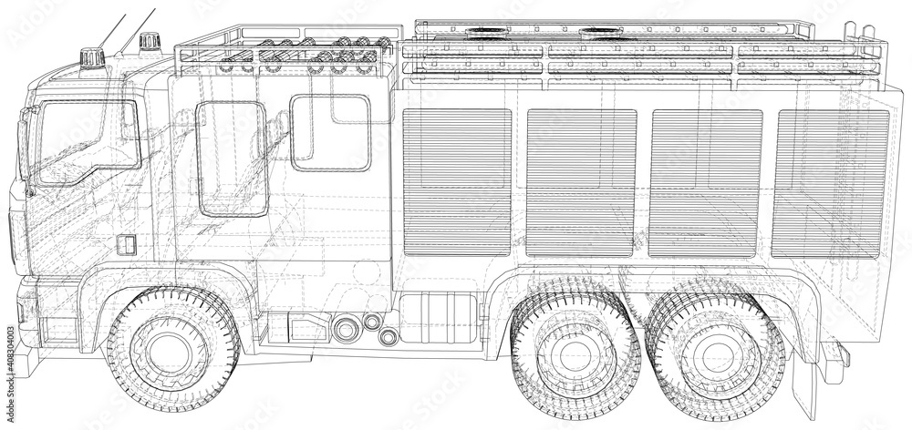 Fire Engine. Fire truck. Wire-frame. The layers of visible and invisible lines are separated. EPS10 format.