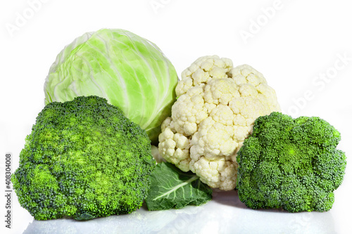 Cabbage on isolated background. Different kinds of cabbage: white cabbage, cauliflower, broccoli, kohlrabi