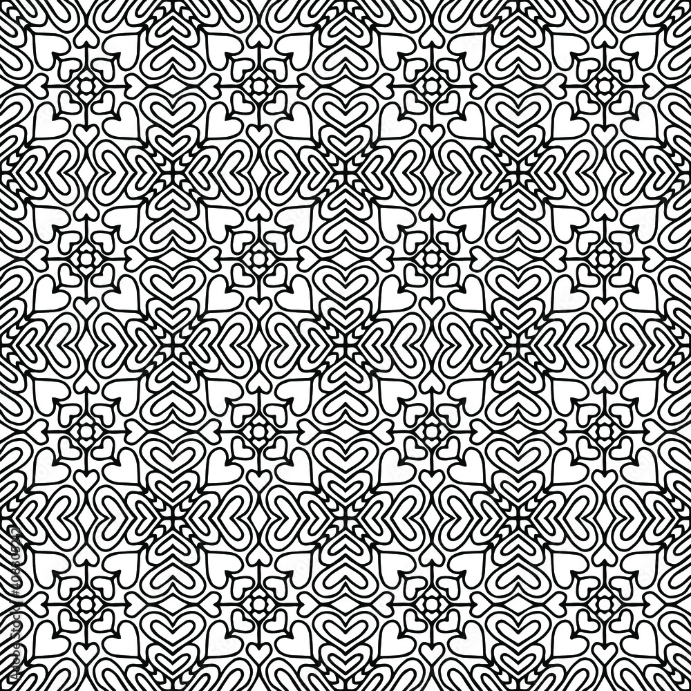 Fototapeta premium Seamless tiles with hearts forming a folk style ornaments drawn on a white background for coloring, vector, hearts