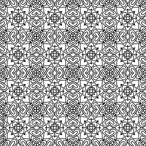 Seamless tiles with hearts forming a folk style ornaments drawn on a white background for coloring, vector, hearts