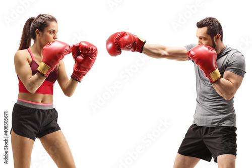Young man and woman training box