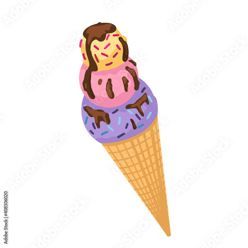 Ice-cream cone, ice cream balls, poured with chocolate, different flavors. Dessert, food, baby sweetness. Vector flat illustration isolated on white background