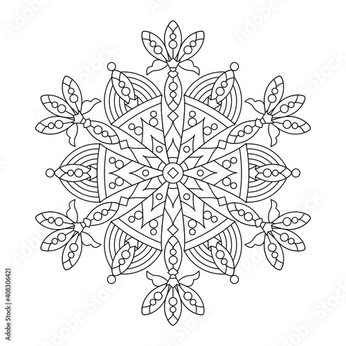Abstract mandala, centerpiece or whimsical snowflake line art design or coloring page
