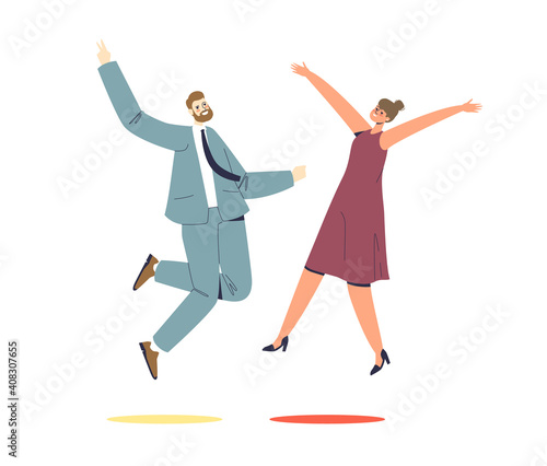 Businessman and businesswoman jumping with happiness celebrating victory or business success