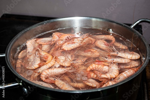 fresh shrimps boiling  in a  pot