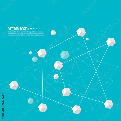 Abstract background with transparent cubes and and communication particles. Vector techno illustration. Data and research technology concept photo