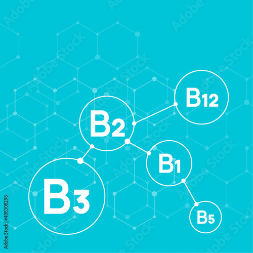 B vitamins complex. Vector blue background with molecular structure.