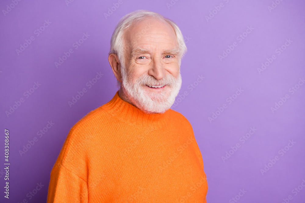 Profile photo of half turned aged person smile look camera wear sweater isolated on violet color background Profile photo of half turned aged person smile look camera wear sweater isolated on violet color background