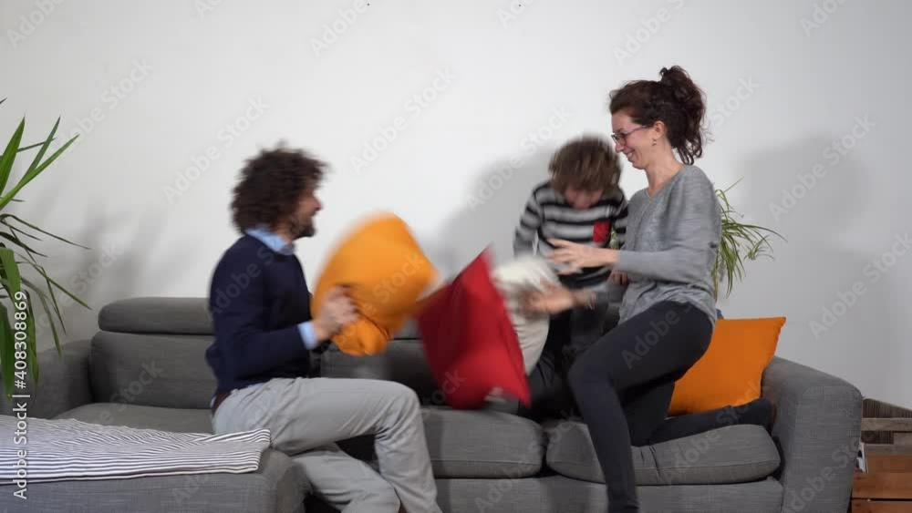 Happy funny and crazy family in apartment , father mother and son