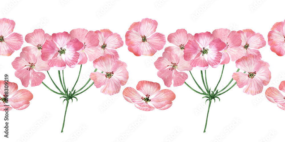 Watercolor seamless border with inflorescences, flowers, buds and leaves of the geranium plant
