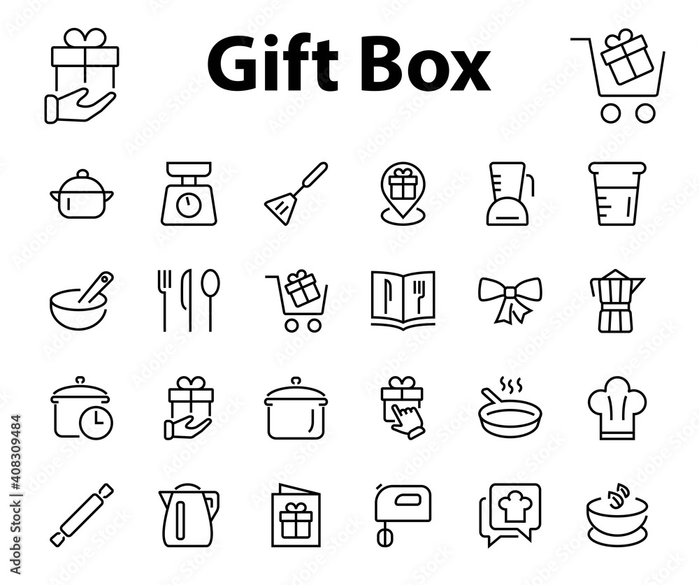 Set of icons for cooking and kitchen, vector lines, contains icons such as a knife, saucepan, boiling time, mixer, scales, recipe book. Editable stroke, perfect 480x480 pixels, white background Set of icons for cooking and kitchen, vector lines, contains icons such as a knife, saucepan, boiling time, mixer, scales, recipe book. Editable stroke, perfect 480x480 pixels, white background