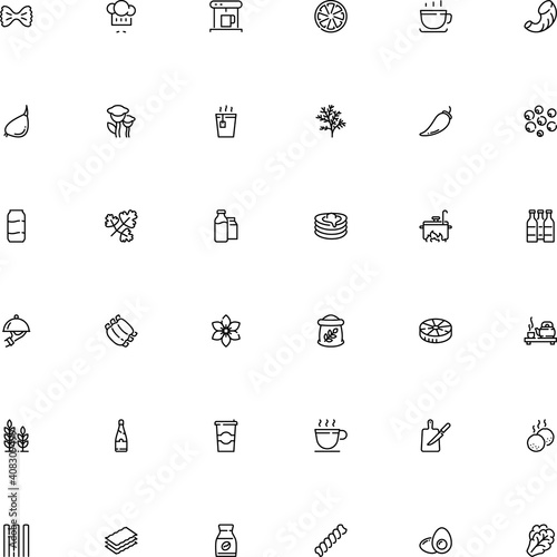 icon vector icon set such as: shiitake, arugula, takeaway, knife, mexican, service, white background, lettuce, peppercorn, milk, silver, garlic, basil, curves, coffee powder, job, chicken, dairy