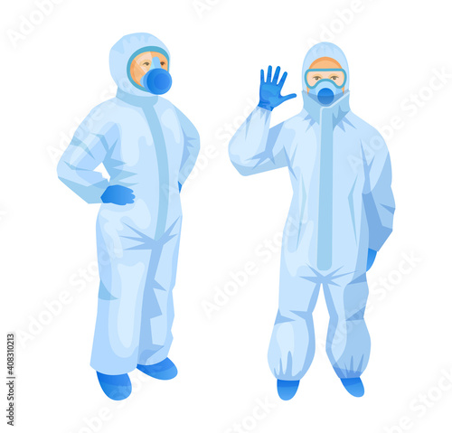 Medical staff people with personal protective equipment and safety medical respiratory mask, doctors in protective suit Coronavirus COVID-19 and latex gloves