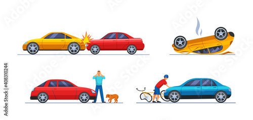 Road traffic accident. Car damaged vehicle transportation. Cyclist fell off bicycle colliding with car. Collision of cars, hitting an animal. Auto accident, motor vehicle crash