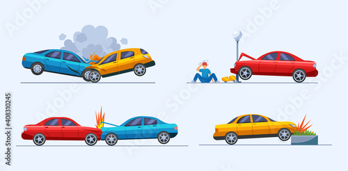 Road traffic accident. Car damaged vehicle transportation. Car crashed into pole. Cargo spilled out of car. Collision hitting an man. Auto accident, motor vehicle crash
