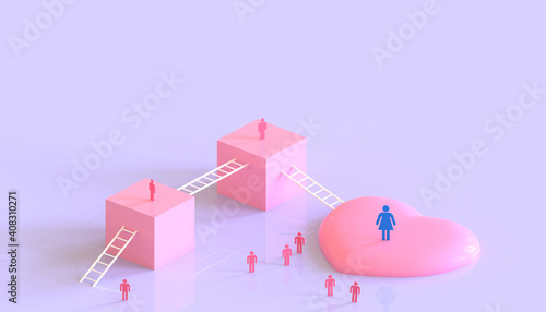Abstract Creative idea Heart in love Valentine's Day and human symbol with Stair concept and Getting there on Purple Background - 3d rendering 