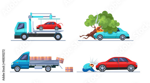 Road traffic accident. Car damaged vehicle transportation. Tow truck takes the car. Cargo spilled out of car. Collision hitting an man. Auto accident, motor vehicle crash