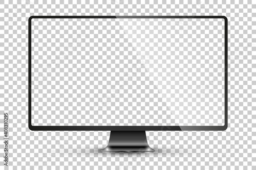 Trendy realistic thin frame monitor mock up with blank white screen isolated. PNG. Vector illustration