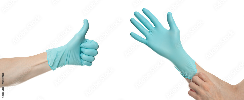 Doctor hands with blue surgical gloves isolated on white background. Medical staff protective gear against coronavirus COVID 19. Health care. Protection concept