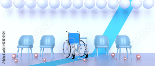 Modern wheel chair blue Outstanding Leadership Concept and White Balloons on blue Background. care,minimal,Succes - 3d rendering