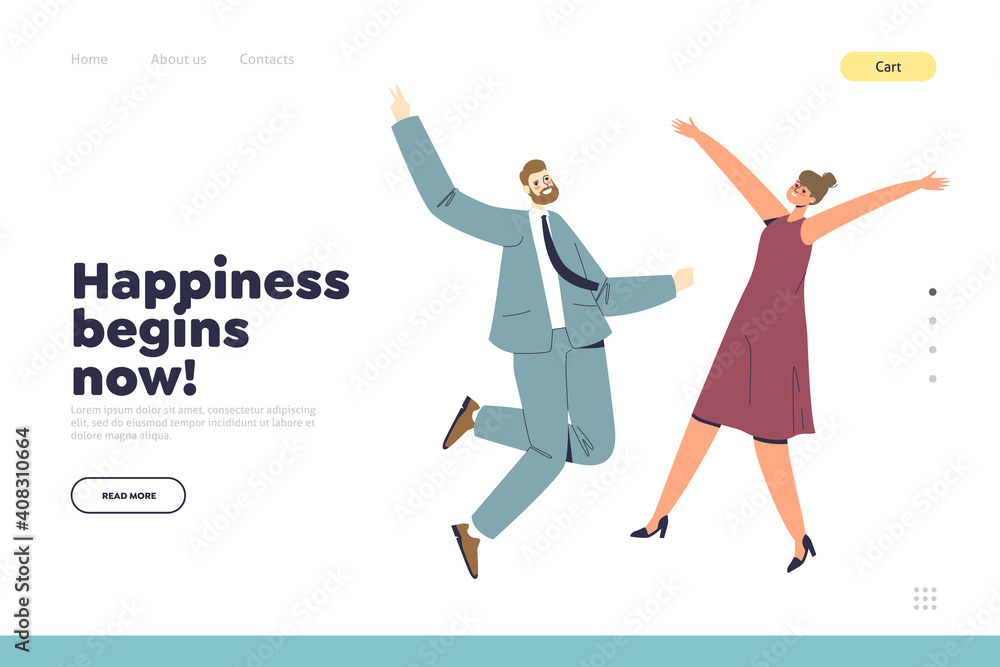 Obraz premium Business achievement concept of landing page with couple of businesspeople jumping with happiness