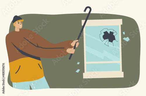 Looter Breaking Store Showcase or House Window with Crowbar, Aggressive Male Character Looting, Damage Property