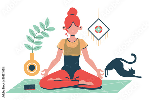 Female doing yoga at home with cat. Flat design illustration. Vector