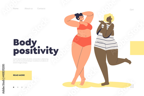 Body positivity concept of landing page with happy plus size diverse female cartoon characters in lingerie