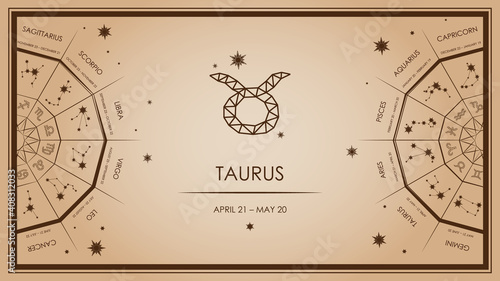 Taurus, zodiac sign. Horoscopes, forecasts. Template and design of the website page, article, cover. Vector eps 10, in beige colors